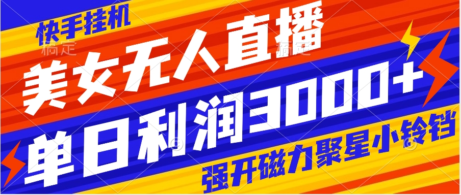快手挂机，美女无人直播，强开磁力聚星小铃铛，日入3000+-虫2小屋