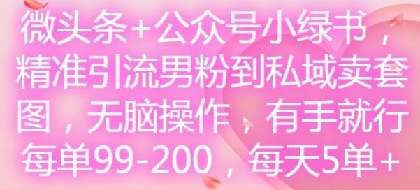 微头条+公众号小绿书，精准引流男粉到私域卖套图，无脑操作，有手就行，每单99-200，每天5单-虫2小屋