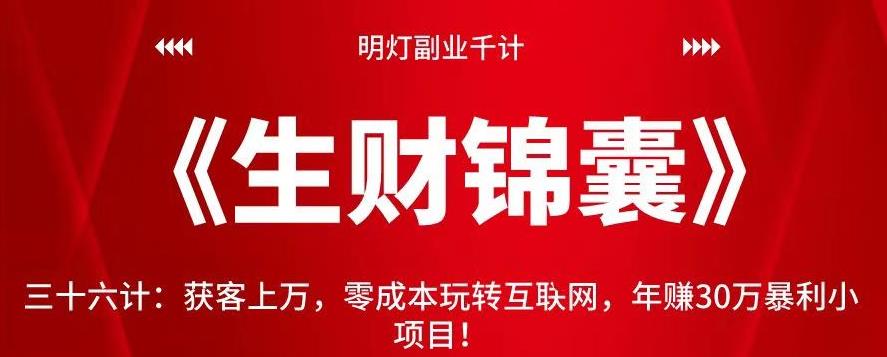 明灯副业千计—《生财锦囊》三十六计：获客上万，零成本玩转互联网，年赚30万暴利小项目！【视频课程】-虫2小屋