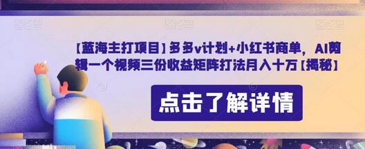 【蓝海主打项目】多多v计划+小红书商单，AI剪辑一个视频三份收益矩阵打法月入十万-虫2小屋
