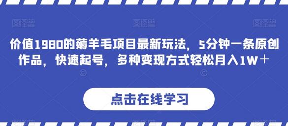 价值1980的薅羊毛项目最新玩法，5分钟一条原创作品，快速起号，多种变现方式轻松月入1W＋-虫2小屋