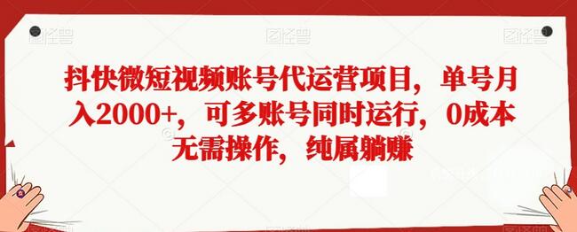 抖快微短视频账号代运营项目，单号月入2000+，可多账号同时运行，0成本无需操作，纯属躺赚-虫2小屋