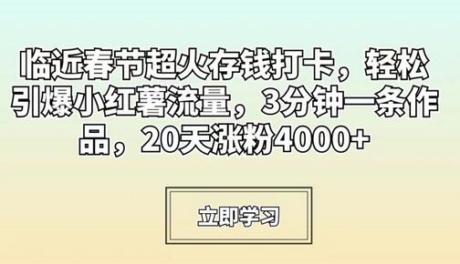 临近春节超火存钱打卡，轻松引爆小红薯流量，3分钟一条作品，20天涨粉4000+-虫2小屋