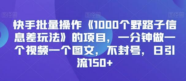 快手批量操作《1000个野路子信息差玩法》的项目，一分钟做一个视频一个图文，不封号，日引流150+-虫2小屋